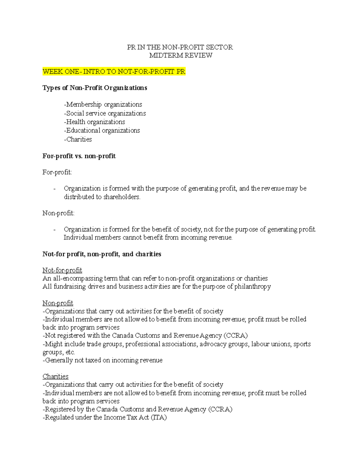 PBRL 3501 Midterm Review - PR IN THE NON-PROFIT SECTOR MIDTERM REVIEW ...