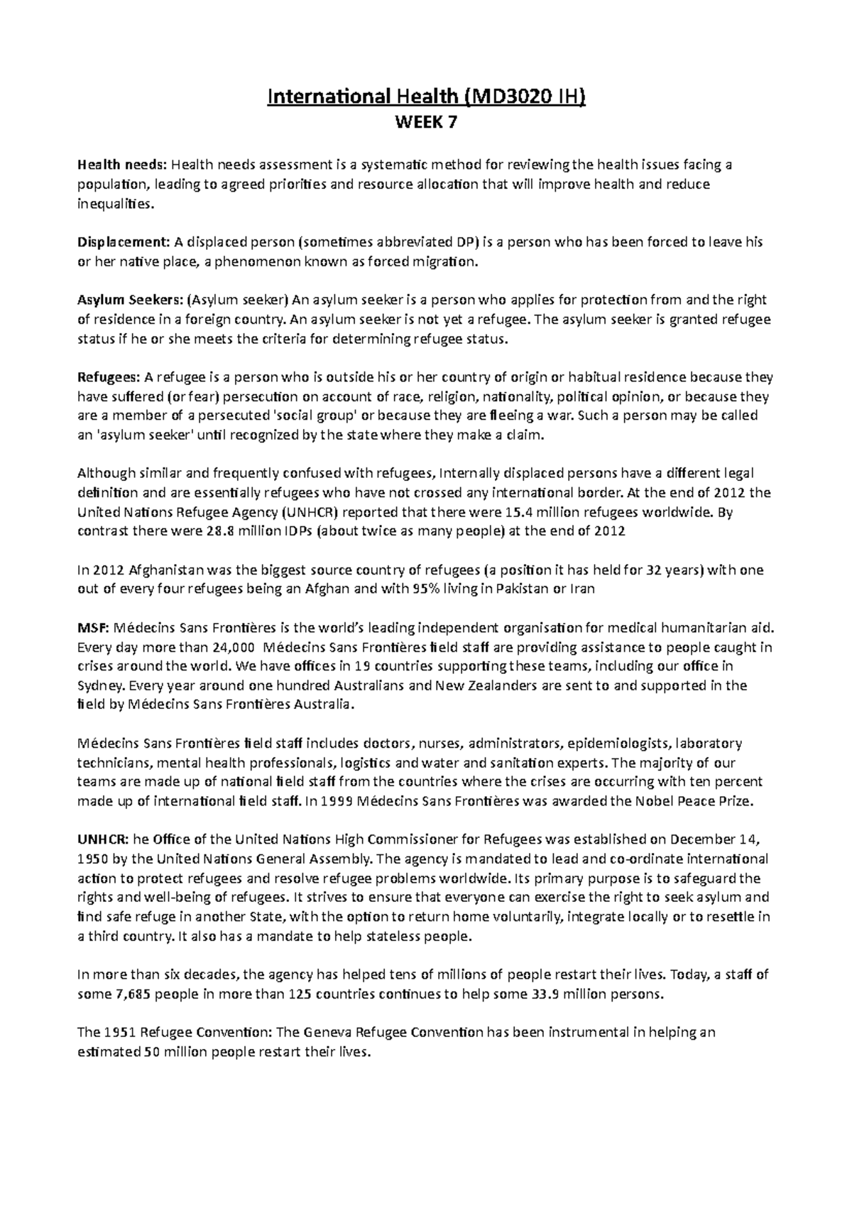 WEEK 7 Lecture Notes - International Health (MD3020 IH) WEEK 7 Health ...