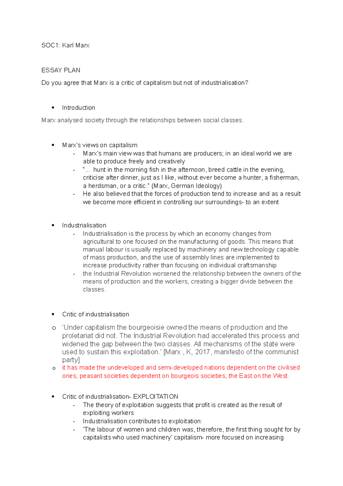 Draft- karl marx essay plan - SOC1: Karl Marx ESSAY PLAN Do you agree ...