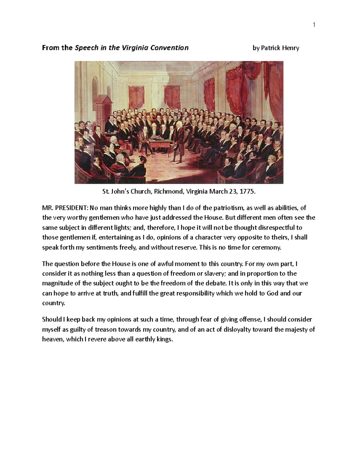 From the Speech in the Virginia Convention John's Church, Richmond