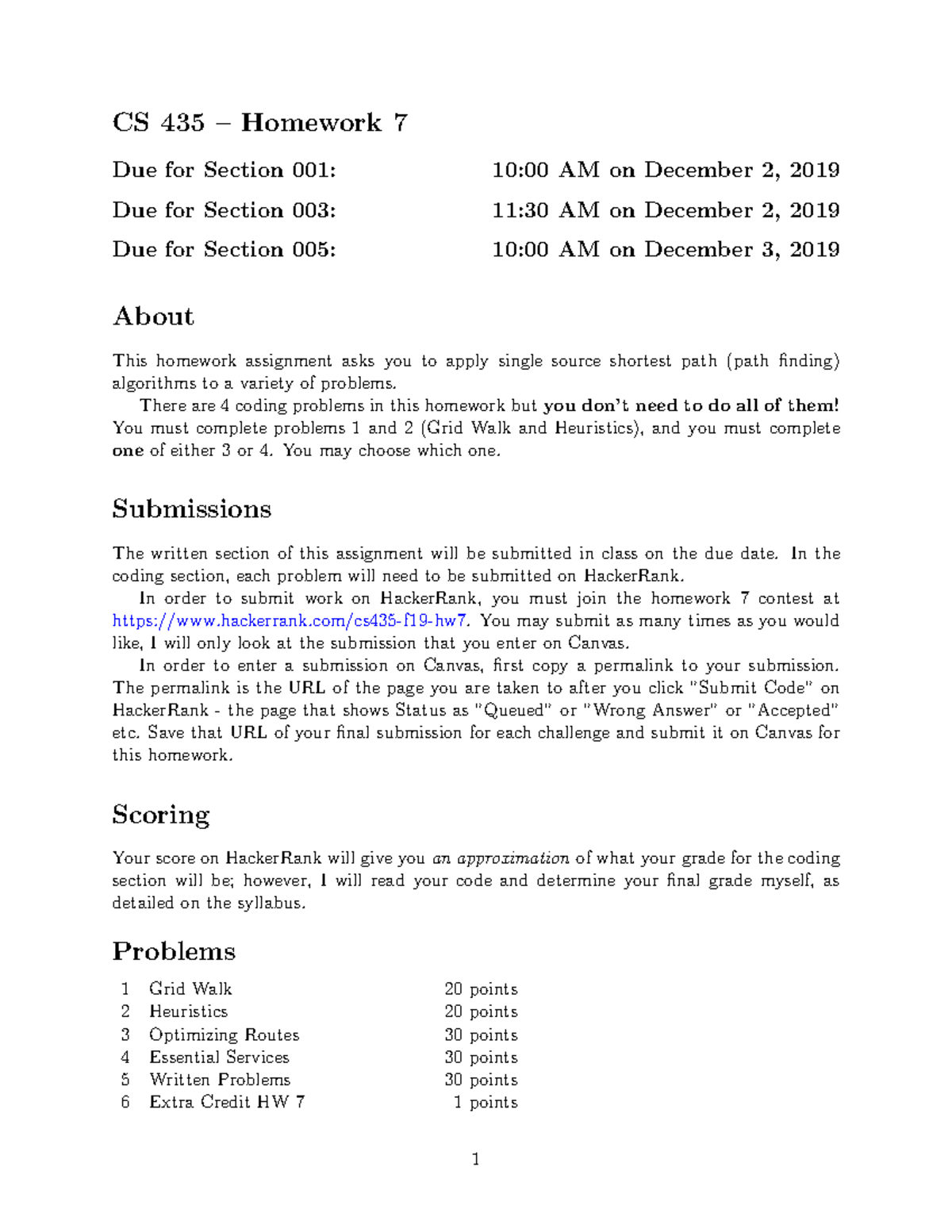 Homework 7-1 - CS 435 – Homework 7 Due for Section 001: 10:00 AM on ...