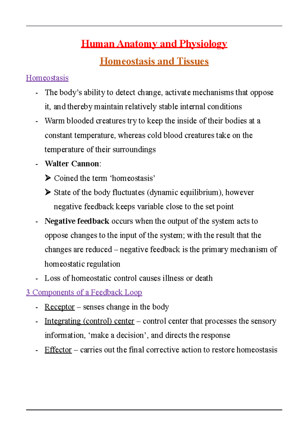 Summary - lecture Homeostasis and Tissues - Human Anatomy and ...