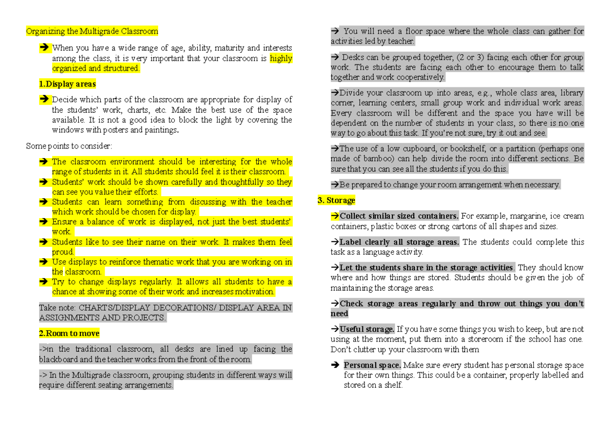 Organizing the Multigrade Classroom - 1 areas Decide which parts of the ...