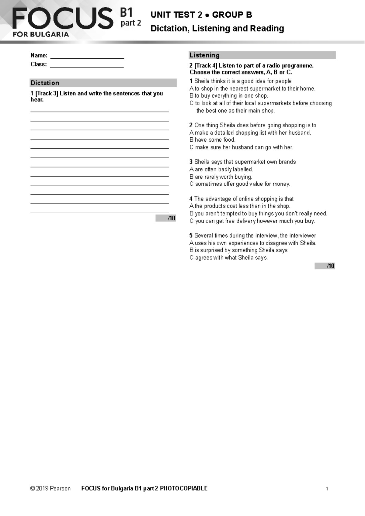 Unit 2 Test DLR 2B - Test - © 2019 Pearson FOCUS for Bulgaria B1 part 2 ...