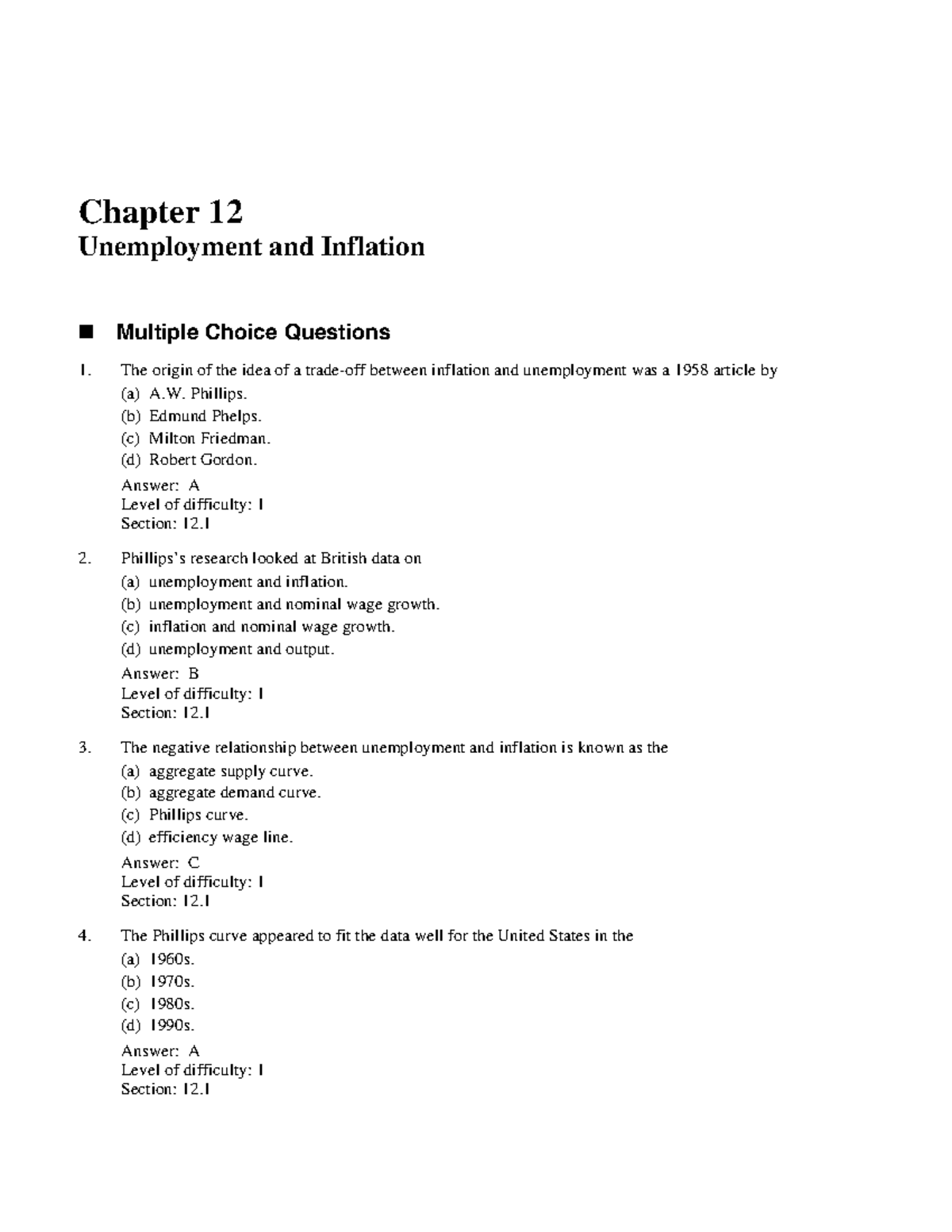 Ch12 - Ch12 - Chapter 12 Unemployment And Inflation T Multiple Choice ...