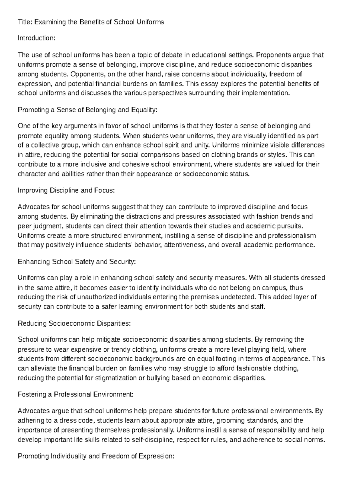 Title Examining the Benefits of School Uniforms Title Examining the