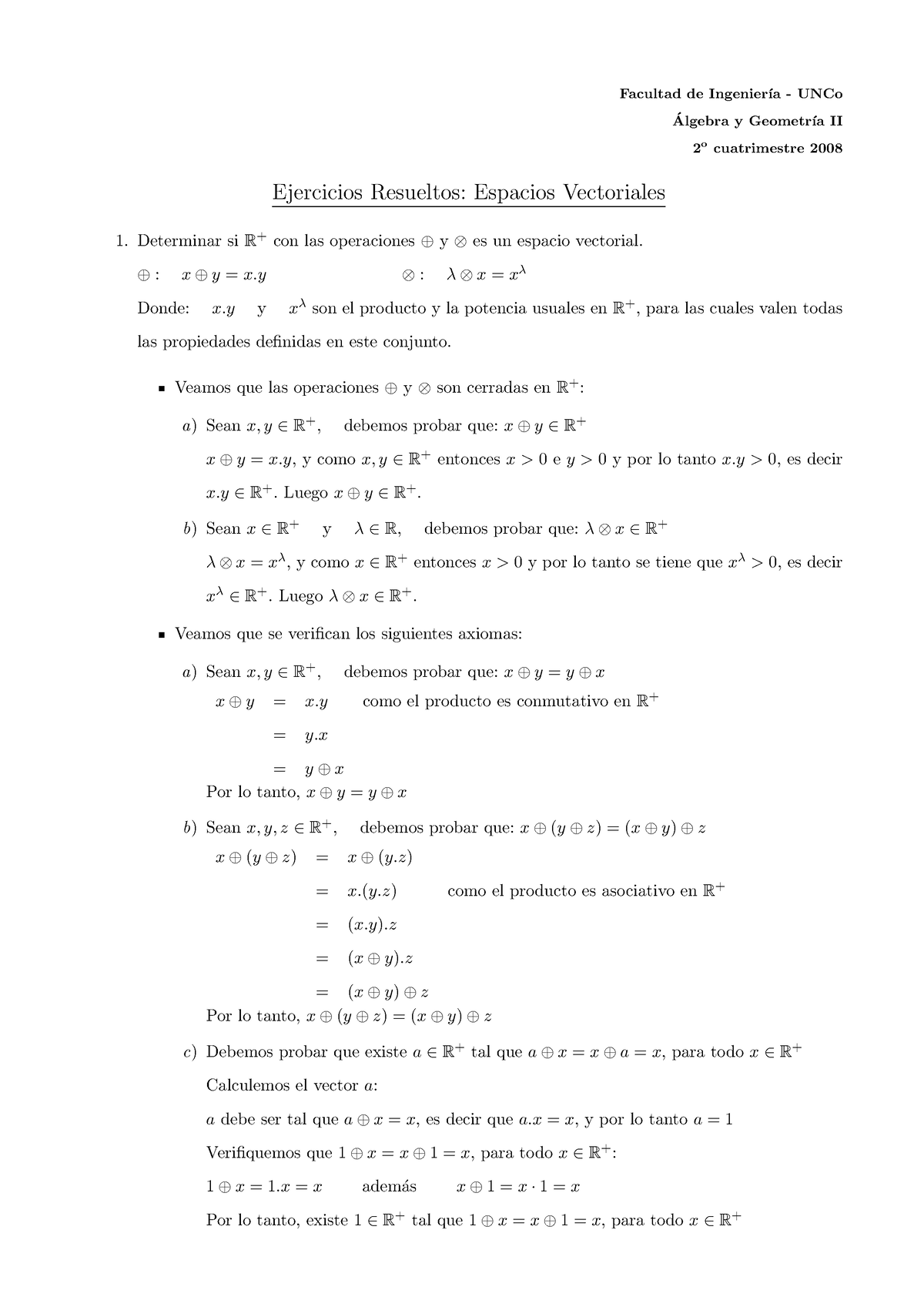 Ejercicios Resueltos Espacios Vectoriales - Facultad De Ingenier ́ıa ...