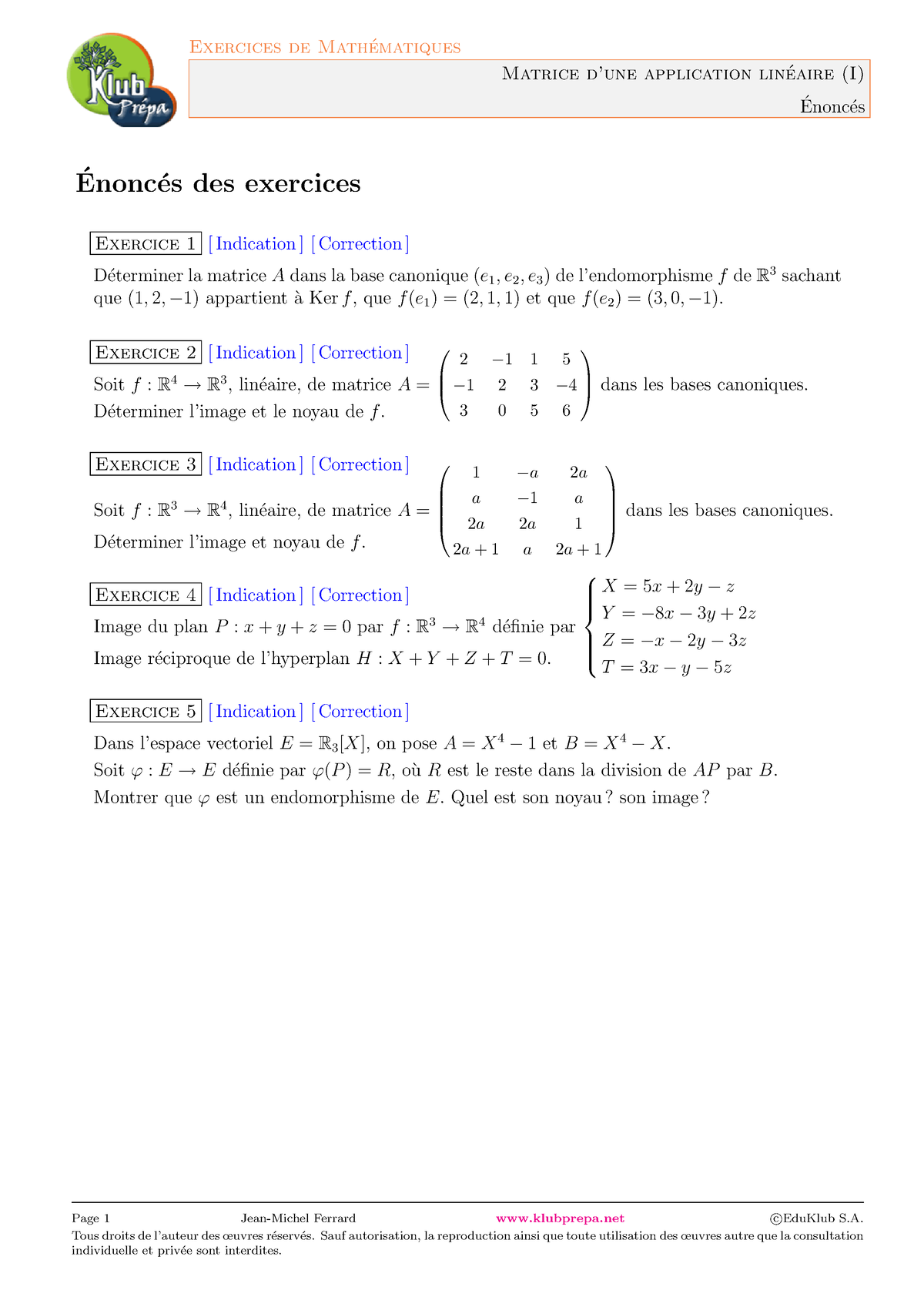 Calcul Matriciel, Systèmes Linéaires, Exercices : Matrice D'une ...