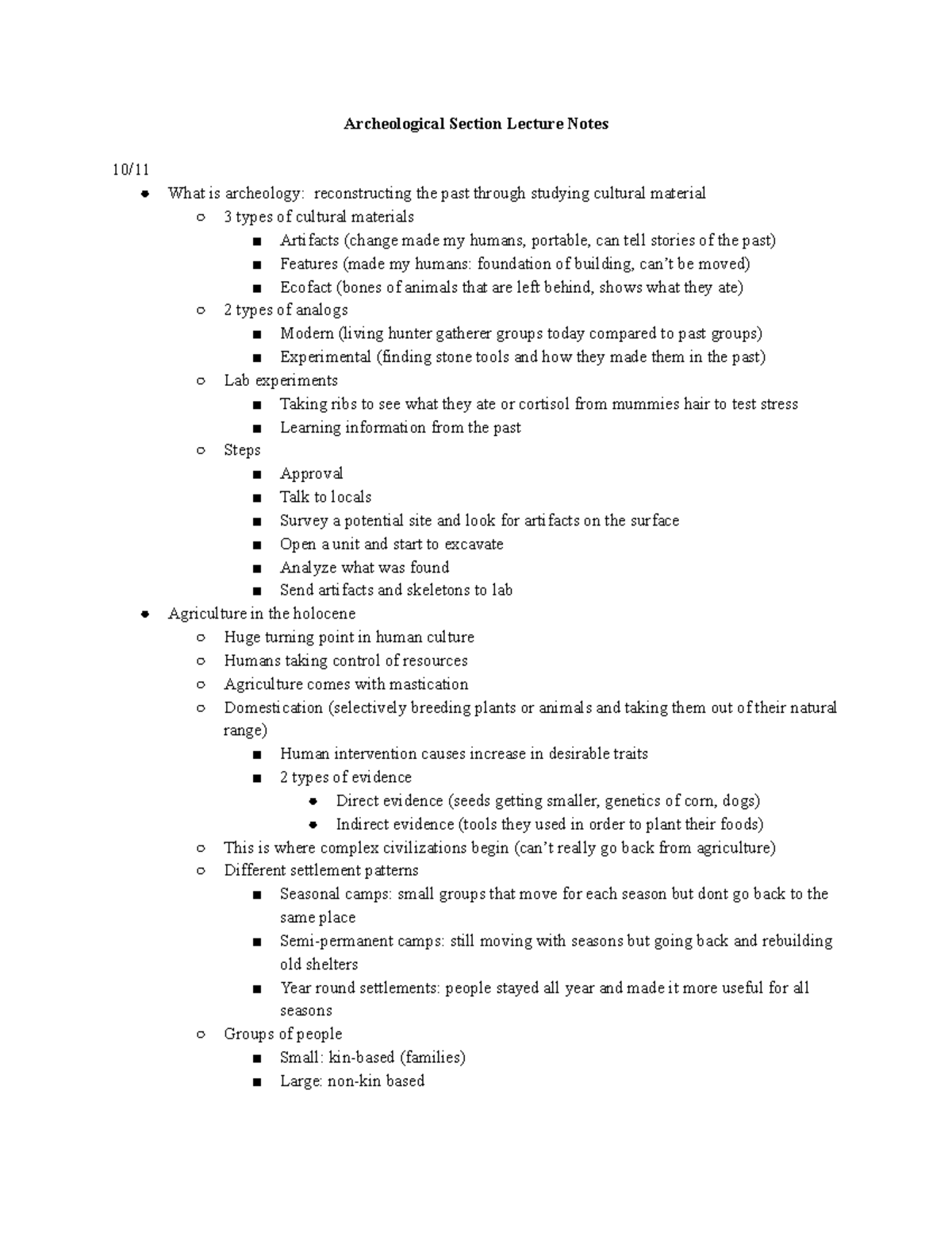 Anthro 100- archeological notes - Archeological Section Lecture Notes ...