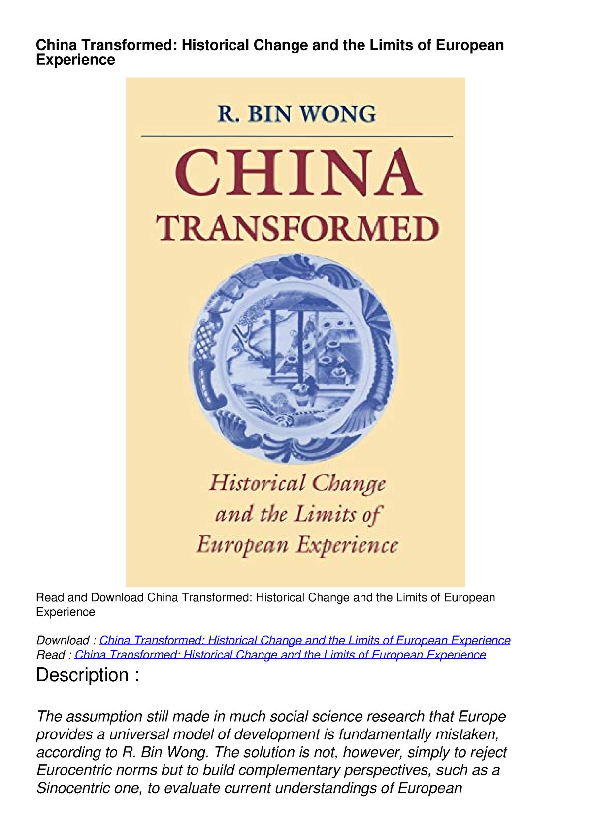 READ [PDF] China Transformed: Historical Change And The Limits Of ...