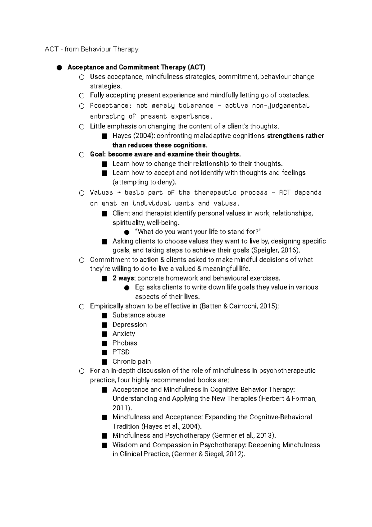 Week 10 notes - Acceptance and Commitment Therapy - ACT - from ...