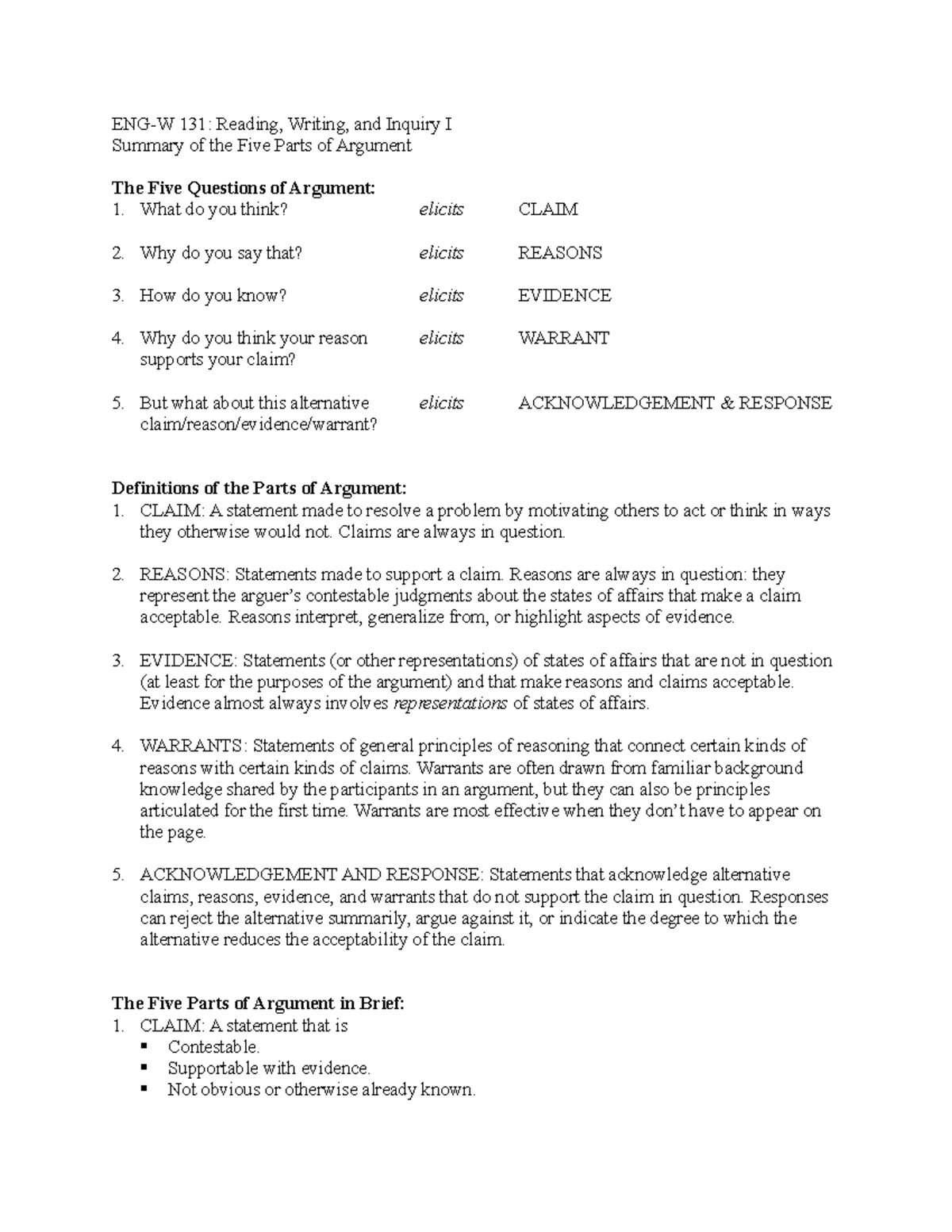 Fivepartsofargument w131 - ENG-W 131: Reading, Writing, and Inquiry I ...