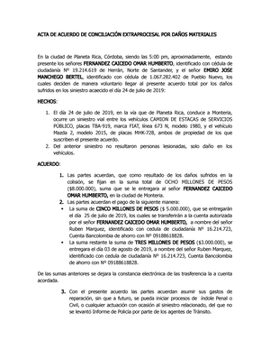 Acuerdo DE PAGO - ACTA DE ACUERDO DE CONCILIACIÓN EXTRAPROCESAL POR DAÑOS  MATERIALES En la ciudad de - Studocu