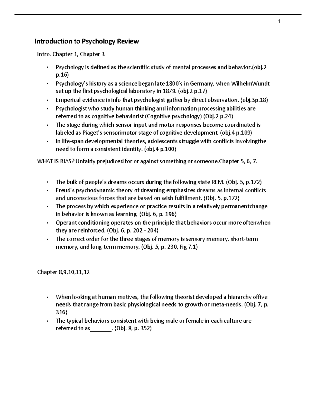 Introduction to Psychology study guide - 1 Introduction to Psychology ...