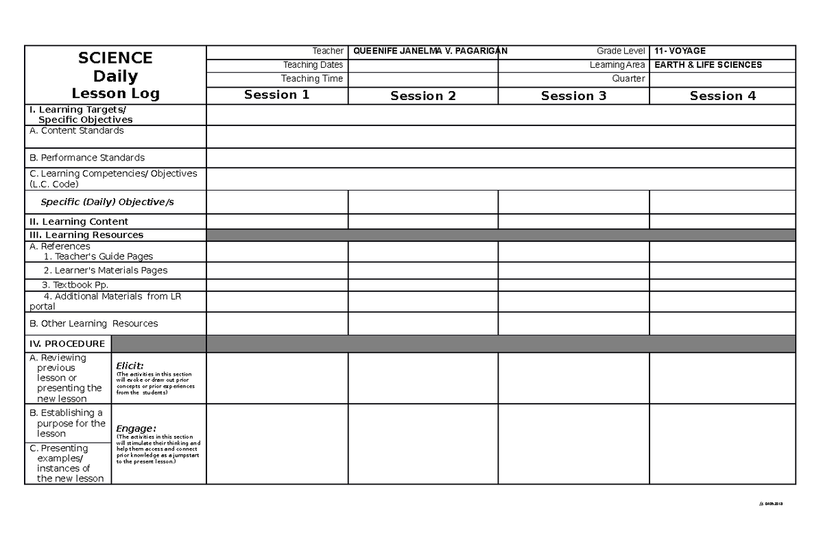 DLL 7Es Template - lesson log format - SCIENCE Daily Lesson Log Teacher ...
