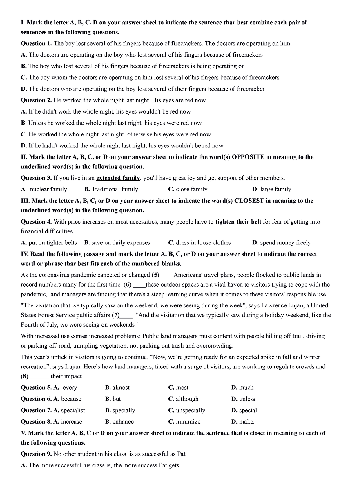 DE LOP 12 - CCCC - I. Mark the letter A, B, C, D on your answer sheel ...