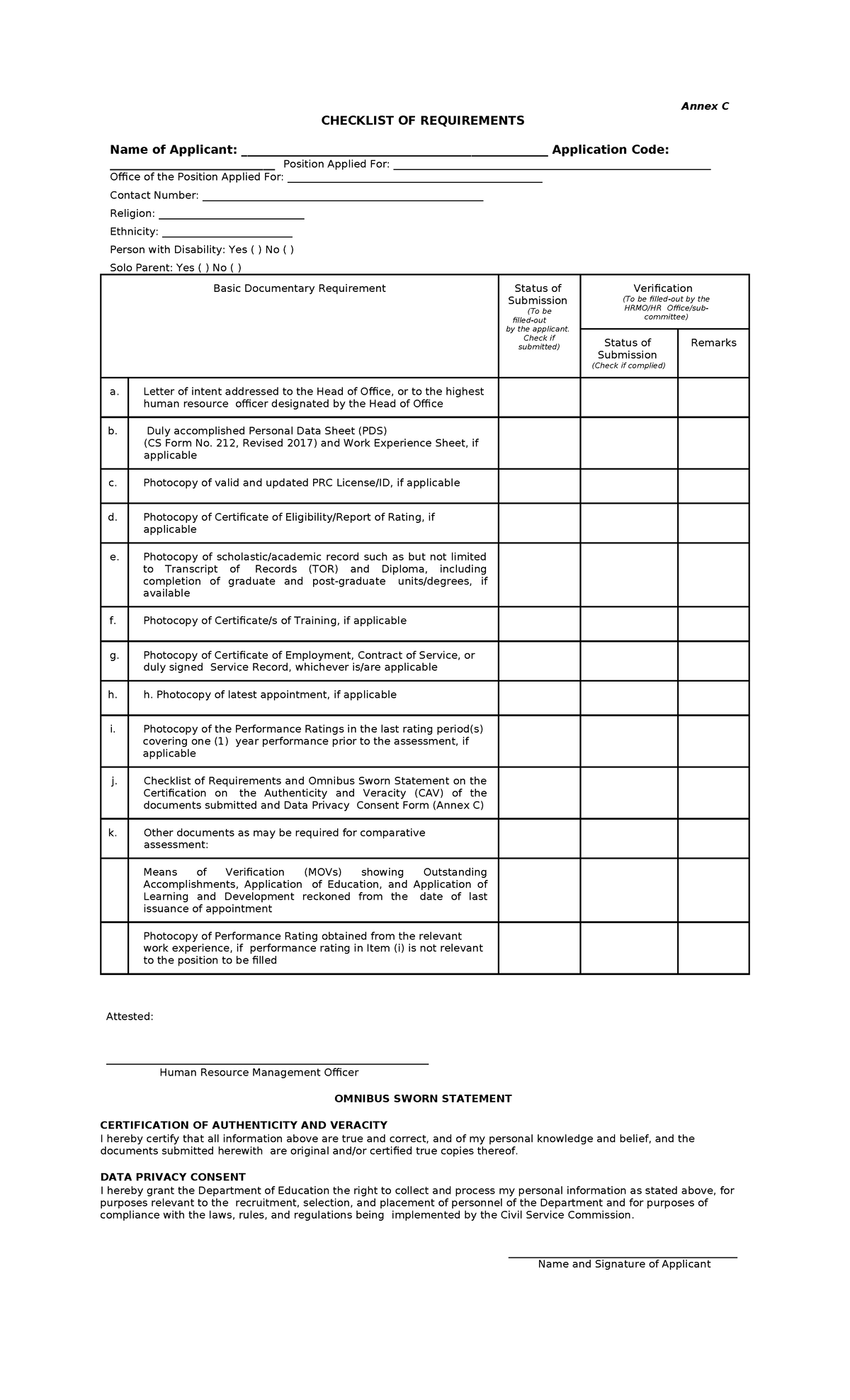 Checklist Of Requirements (Annex C) - Annex C CHECKLIST OF REQUIREMENTS ...