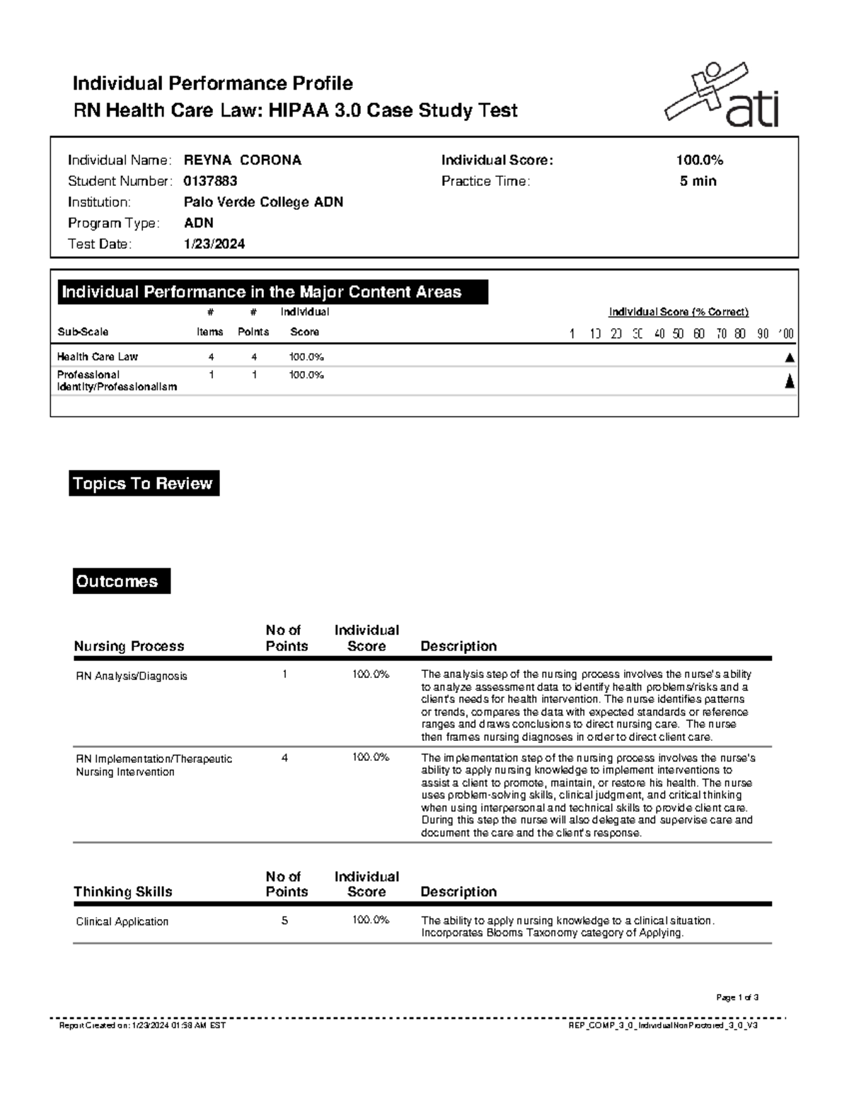 Report - Individual Performance Profile RN Health Care Law: HIPAA 3 ...