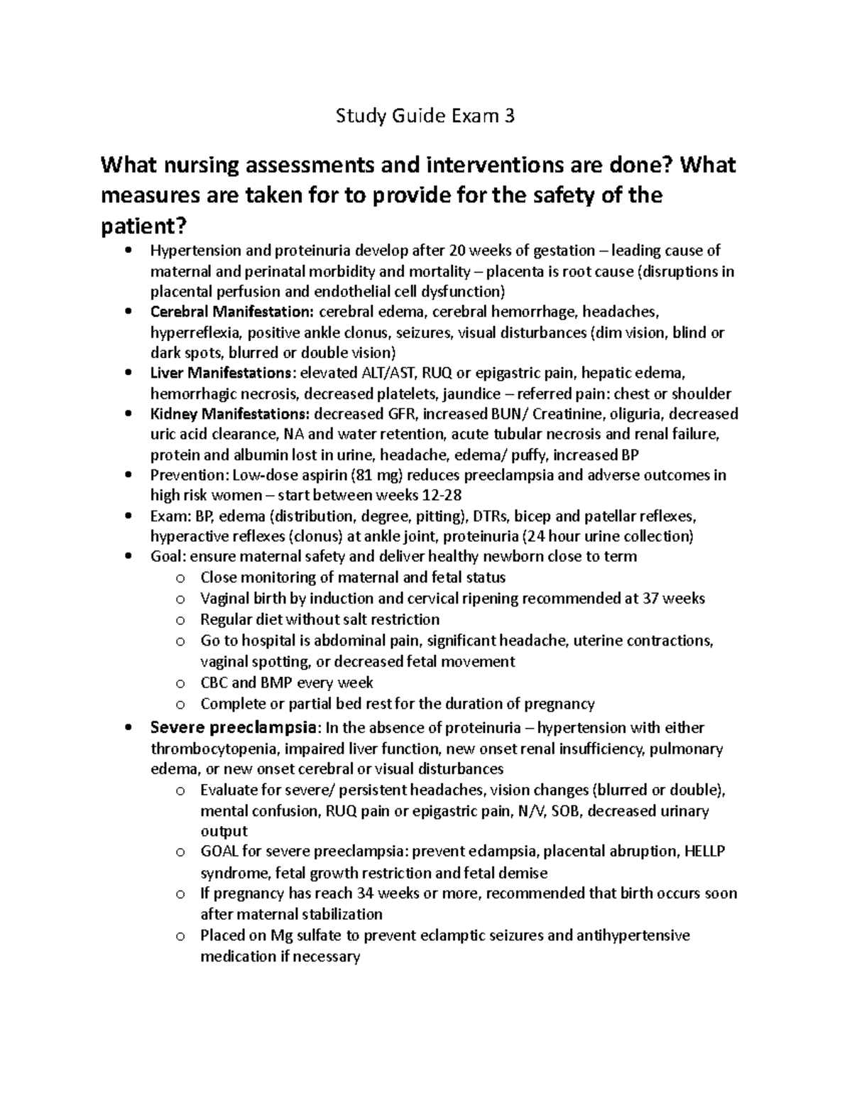 Study Guide for Exam 3 - Study Guide Exam 3 What nursing assessments ...