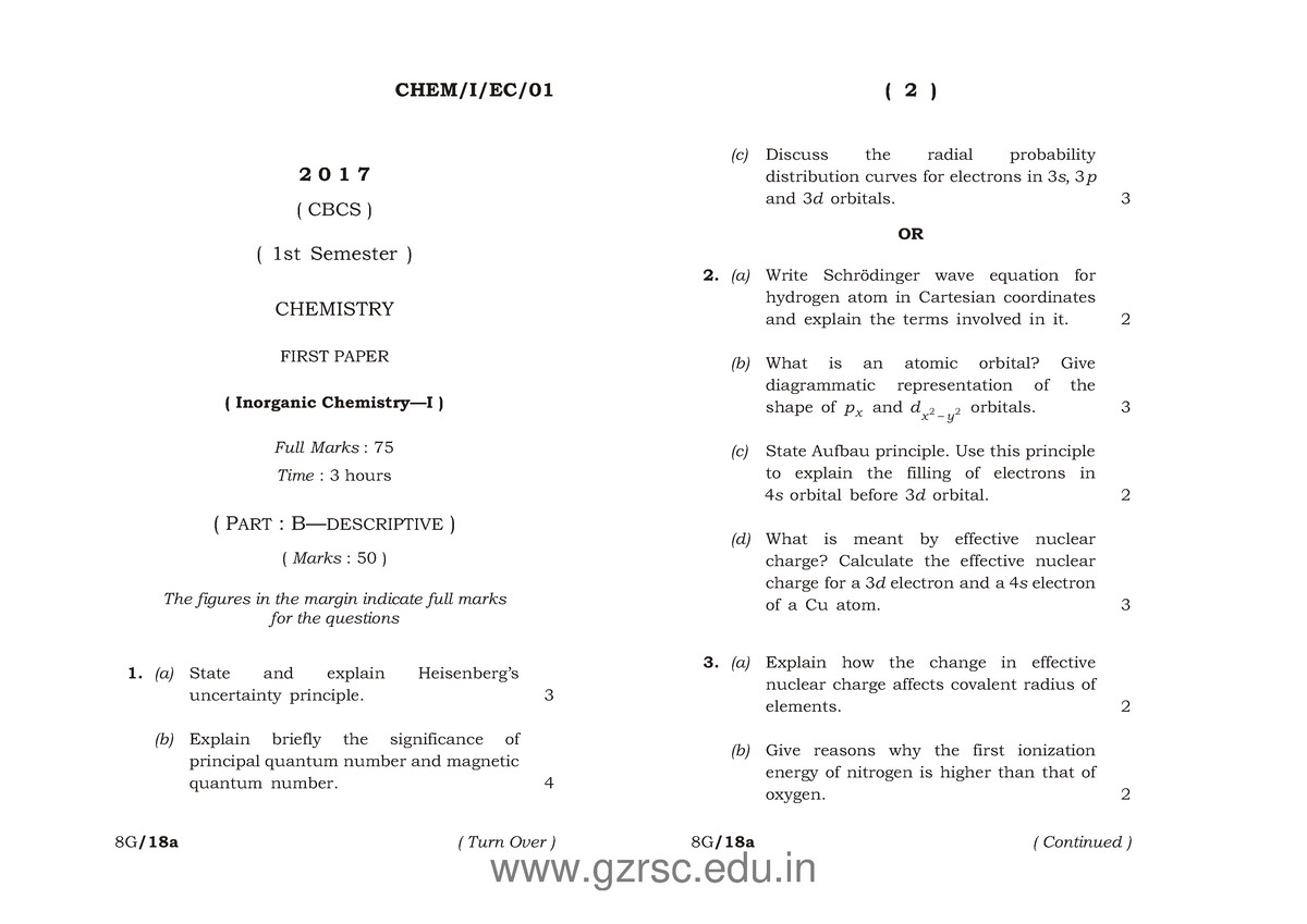 Chemistry I Semester Cbcs 2017 - CHEM/I/EC/ 2 0 1 7 ( CBCS ) ( 1st ...