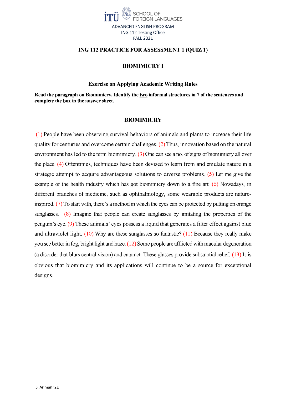 Ing 112 biomimicry I practice for quiz 1 Question sheet - ADVANCED ...