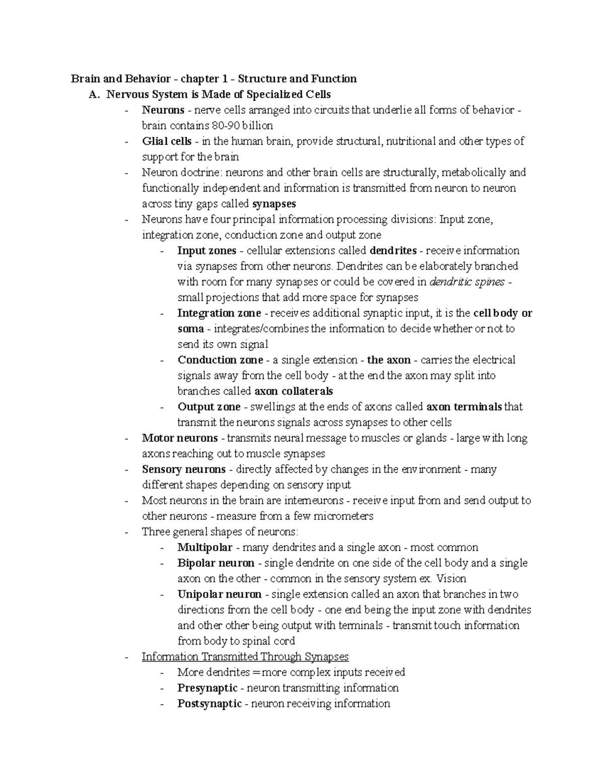 Brain And Behavior - Chapter 1 - Structure And Function - Nervous ...