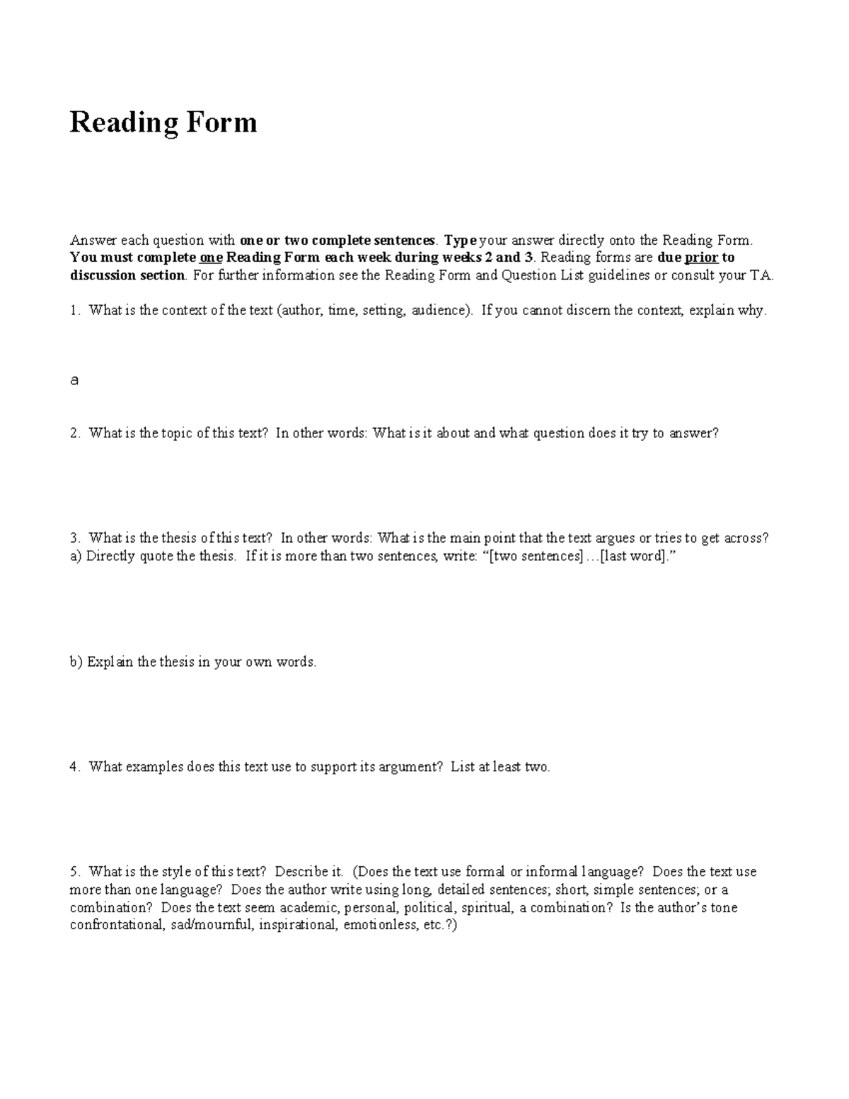 Reading Form Instructions - Reading Form Answer each question with one ...