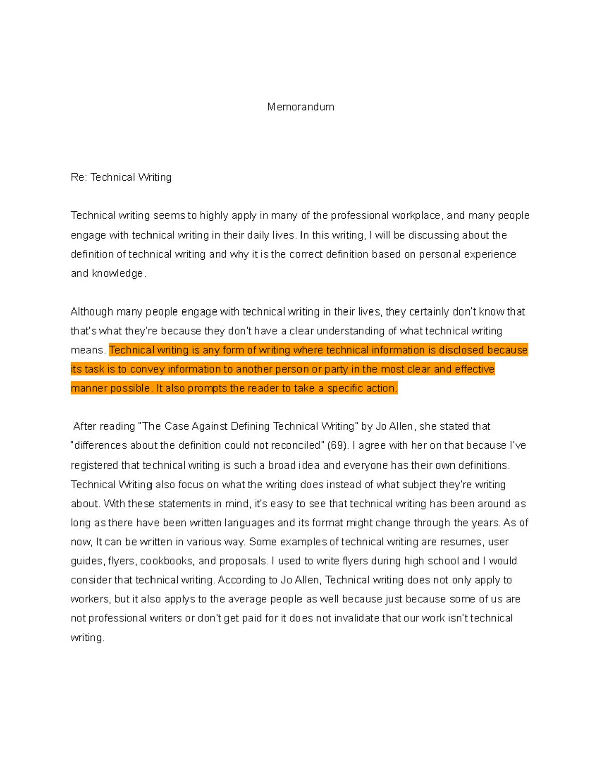 MEMO technical writing - Memorandum Re: Technical Writing Technical ...