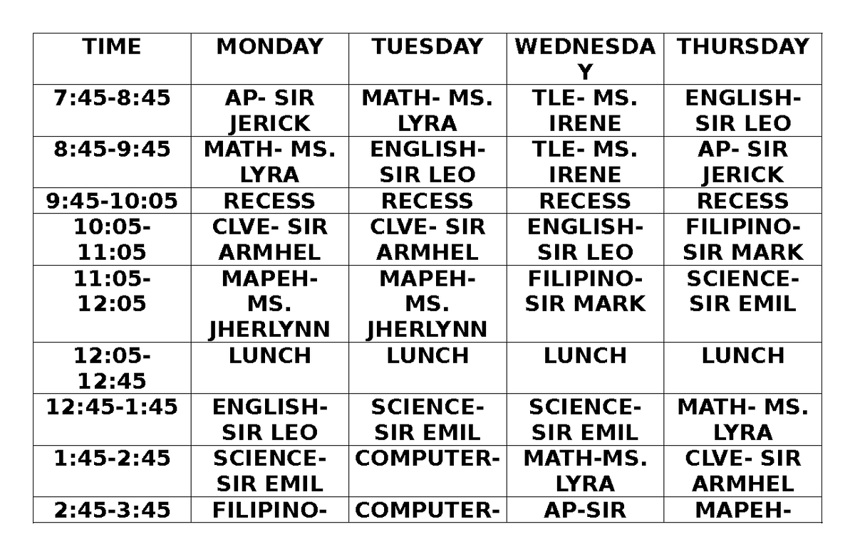 Schedule- ST. Maximilian - TIME MONDAY TUESDAY WEDNESDA Y THURSDAY 7:45 ...