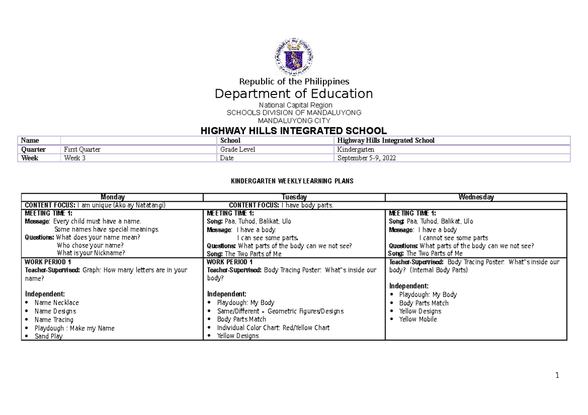 Kindergarten Lesson Plan Week 2 Edited Republic Of The Philippines Department Of Education 5809