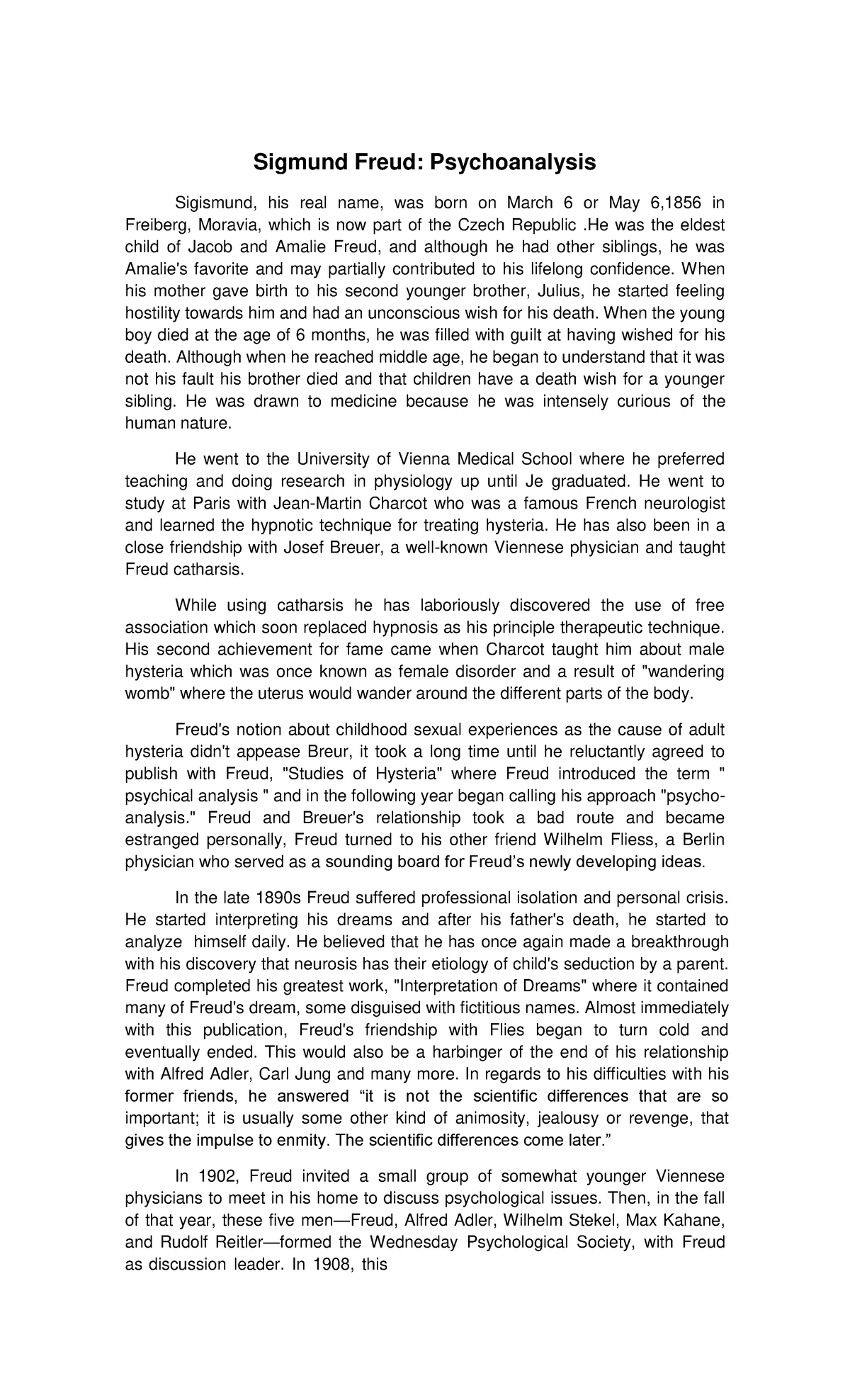 Freud and Adler summary - Sigmund Freud: Psychoanalysis Sigismund, his ...