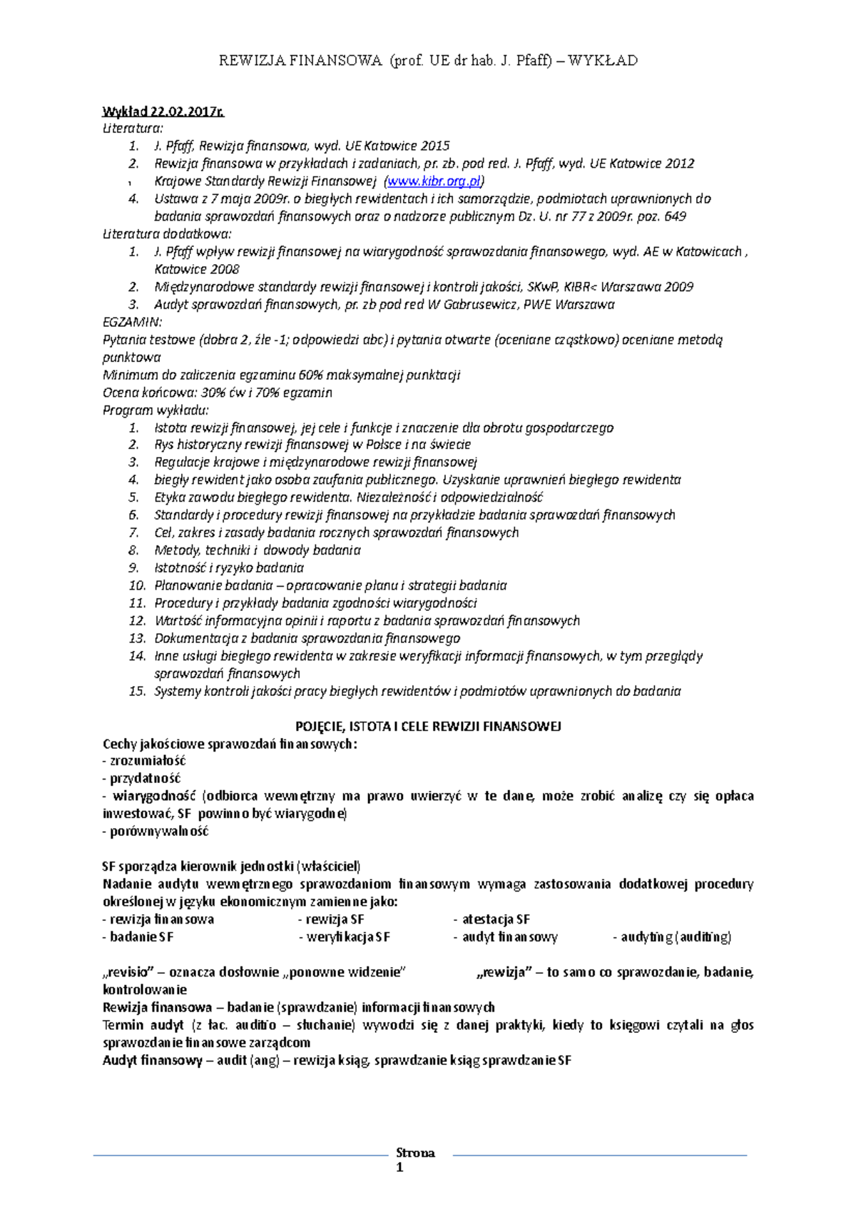 Rewizja- Finansowa - REWIZJA FINANSOWA (prof. UE dr hab. J. Pfaff