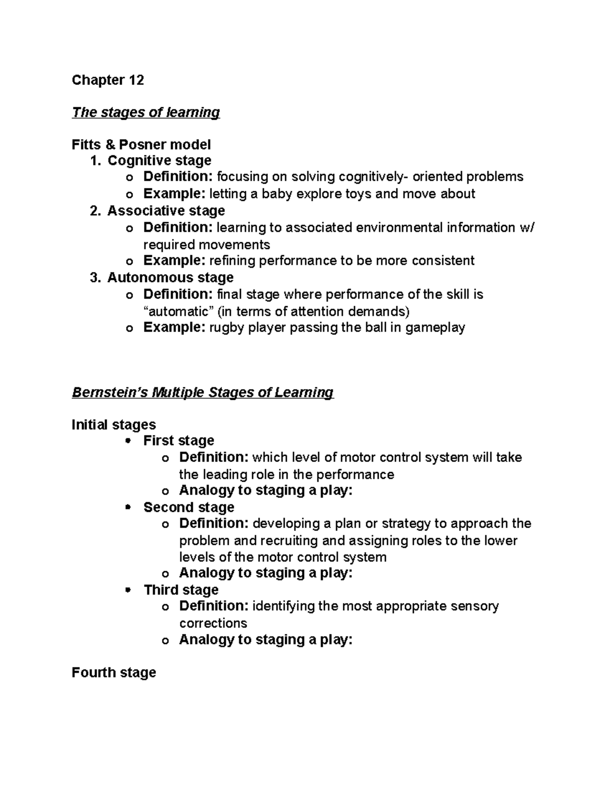 Worksheet Week 10, Chapter 12 - Chapter 12 The stages of learning Fitts ...