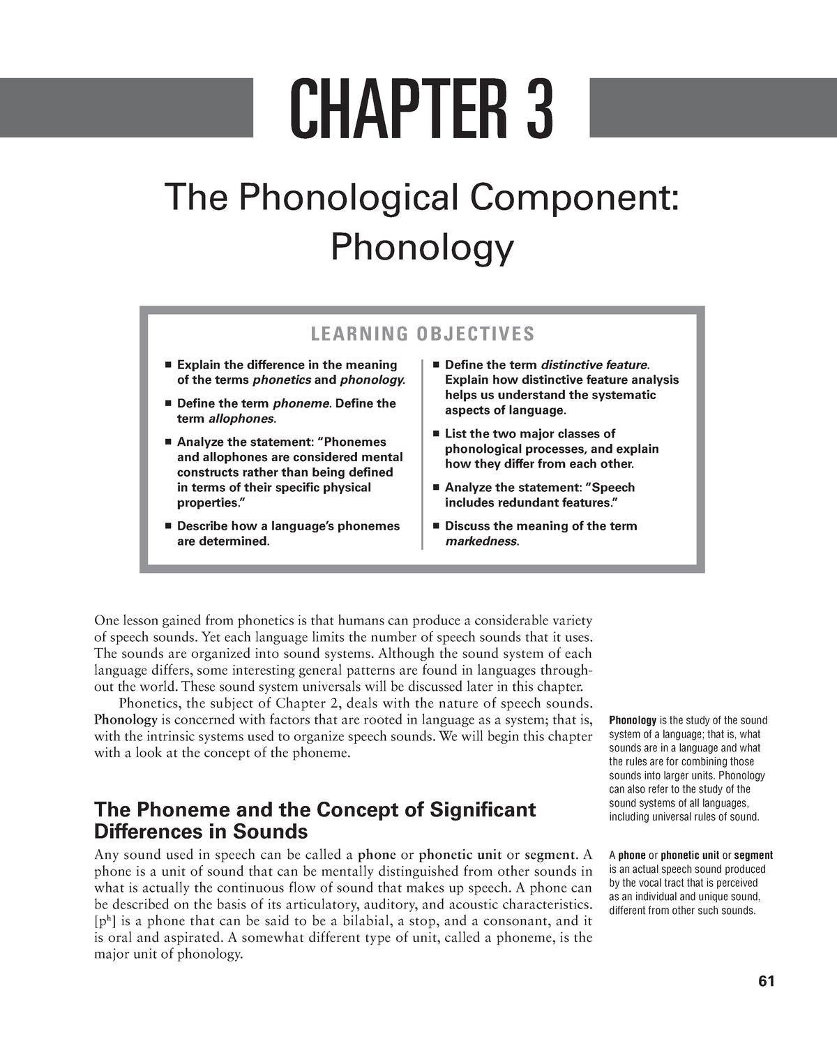 Phonology. Phonemes 2 - 61 CHAPTER 3 The Phonological Component ...