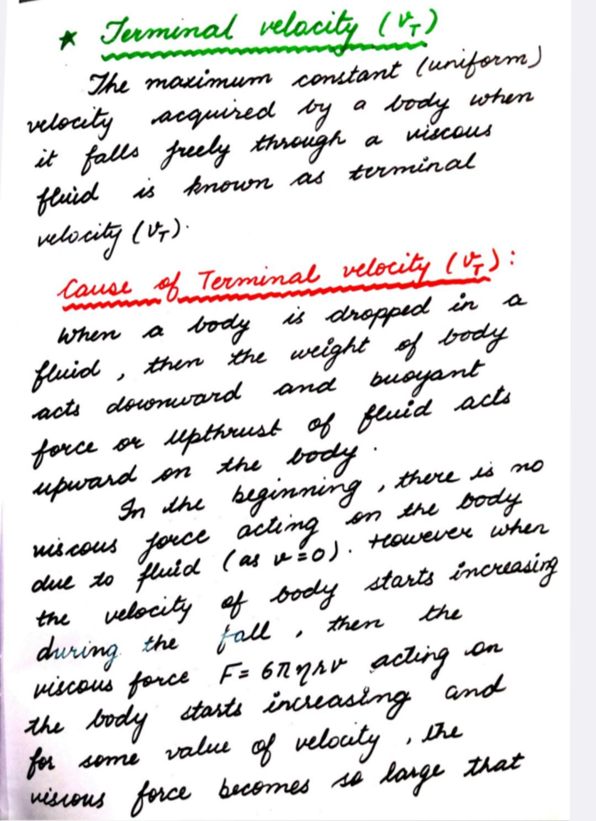 Velocity - Terminal velocity (VT) The maximum constant (uniform ...