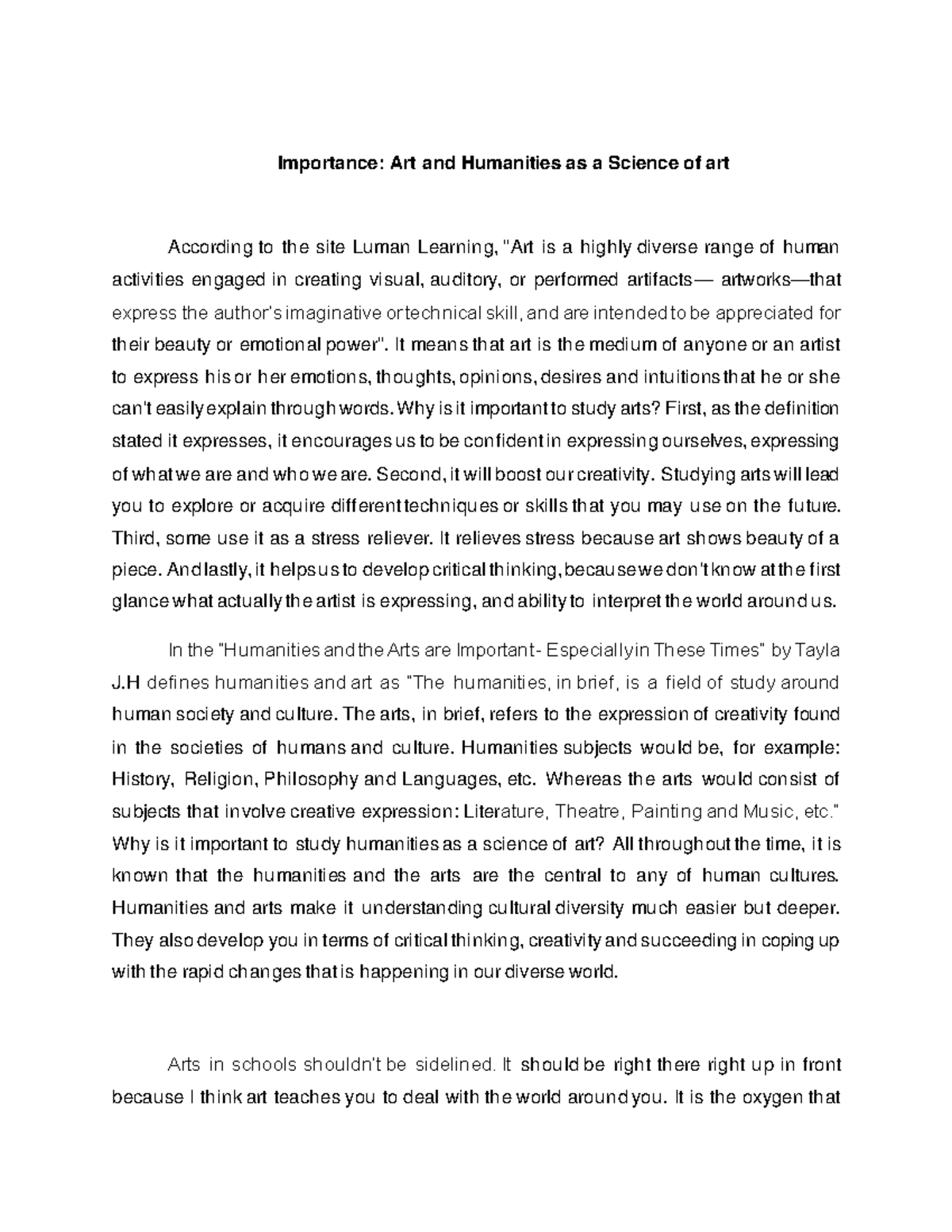 Introduction PE Lecture Notes Importance Art And Humanities As A