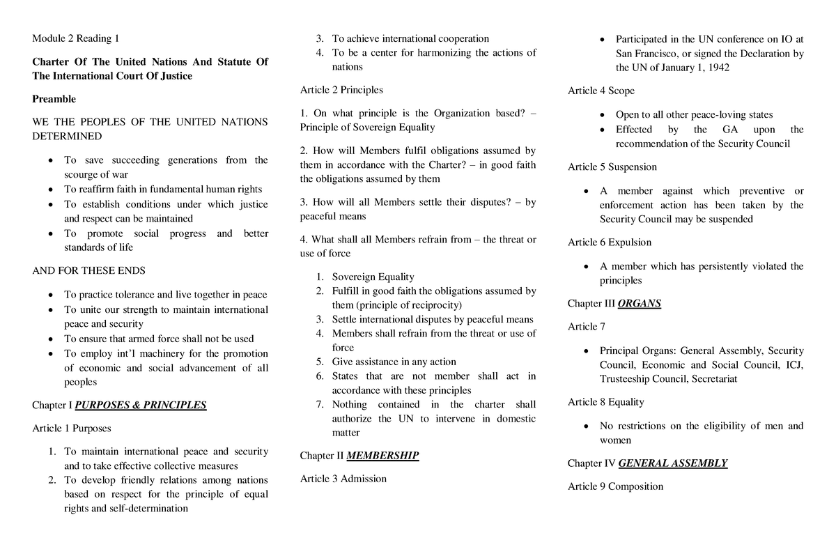 The UN Charter Summary Module 2 Reading 1 Charter Of The United