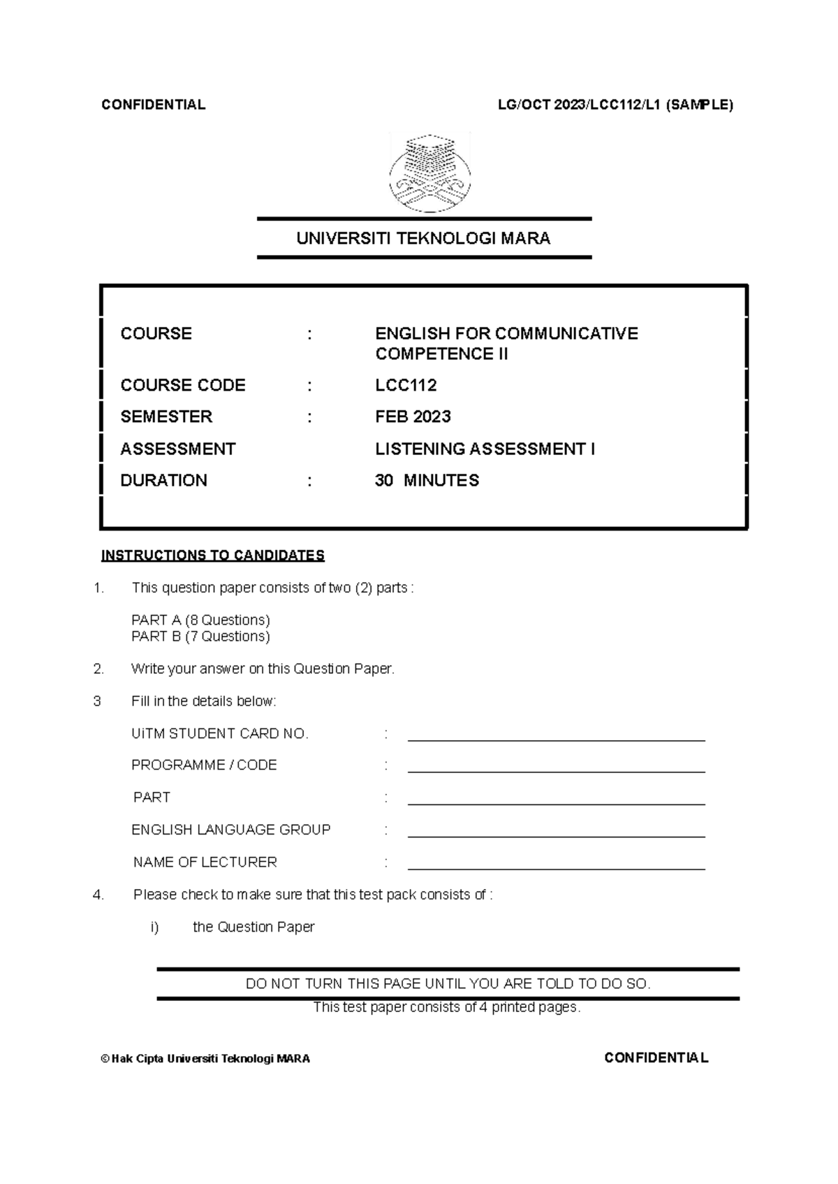 LCC112 Sample Listening Assessment L1 QP - CONFIDENTIAL LG/OCT 2023 ...