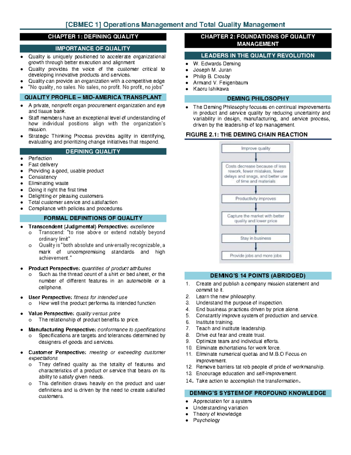 [ Cbmec] Notes - CHAPTER 1: DEFINING QUALITY IMPORTANCE OF QUALITY ...