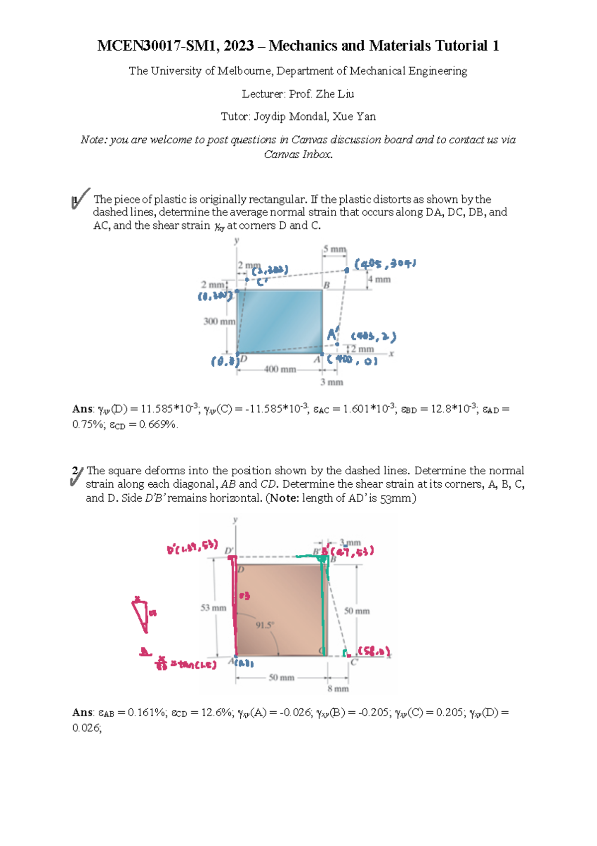 Tutorial+1 - MCEN30017-SM1, 2023 – Mechanics and Materials Tutorial 1 ...
