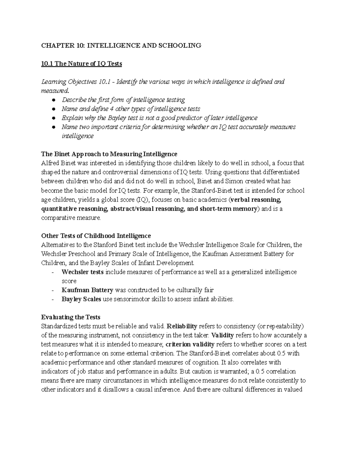 Psych Final Notes - CHAPTER 10: INTELLIGENCE AND SCHOOLING 10 The ...
