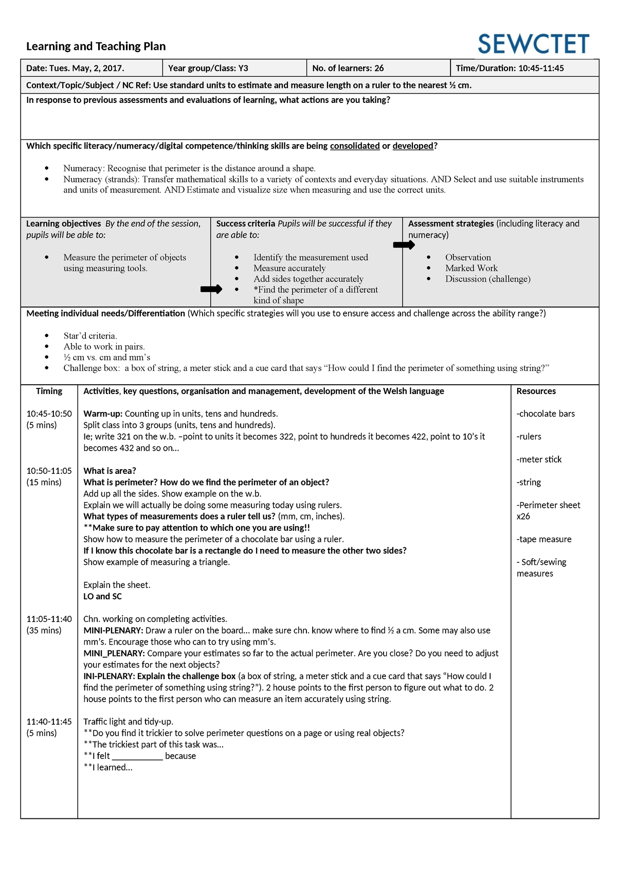 Maths Lesson Plan fun perimeter - Learning and Teaching Plan Date: Tues ...