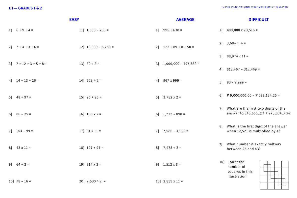1a.PNVMO_Level-I_E.pdf - 1] 6 + 9 + 4 = 2] 7 + 4 + 3 + 6 = 3] 7 + 12 ...
