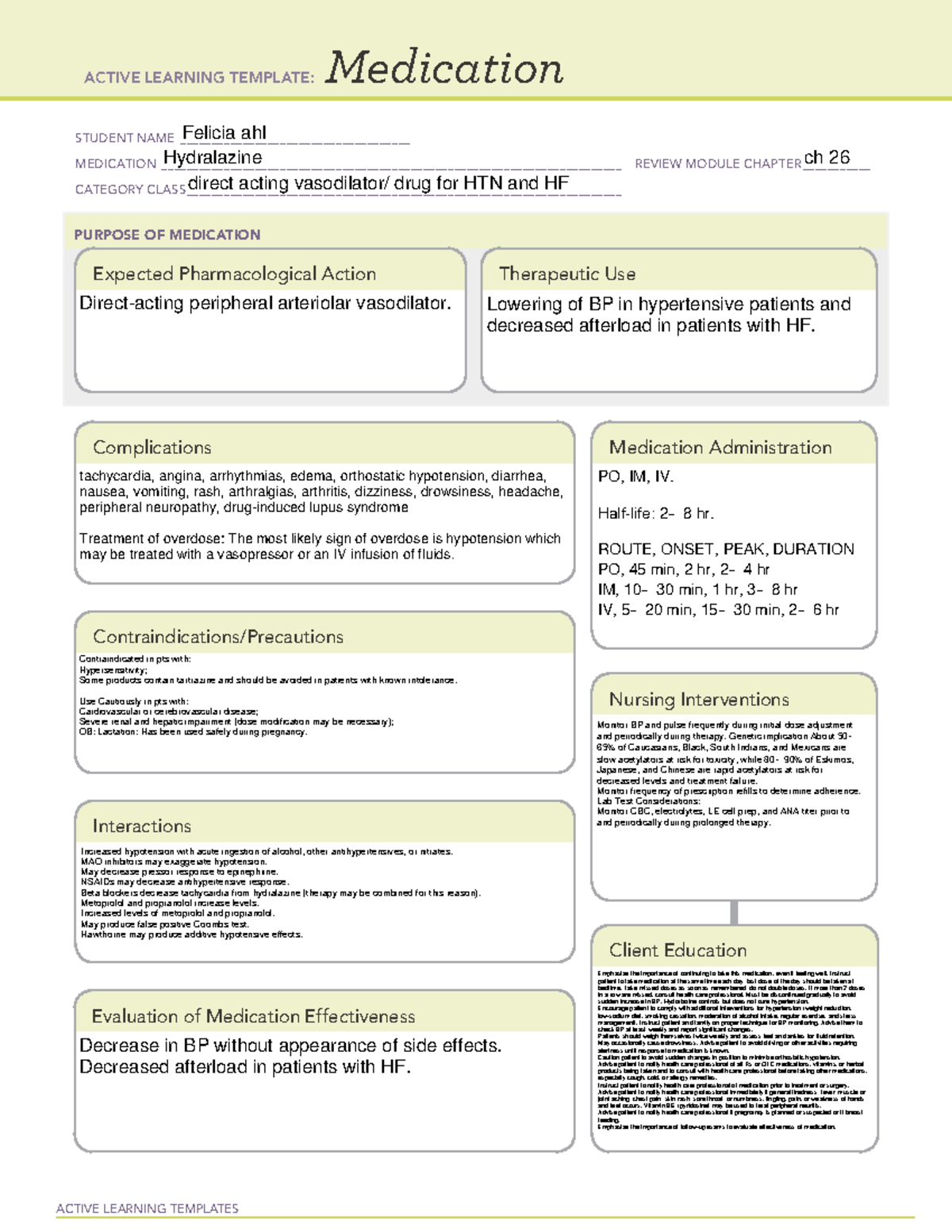 Hydralazine - drug cards - ACTIVE LEARNING TEMPLATES Medication STUDENT ...