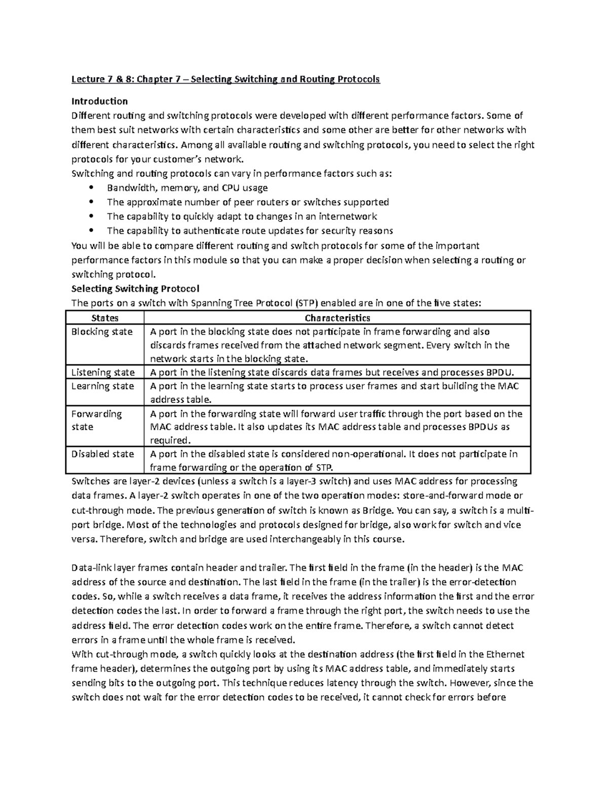Notes 2 - Lecture 7 & 8: Chapter 7 – Selecing Switching and Rouing ...