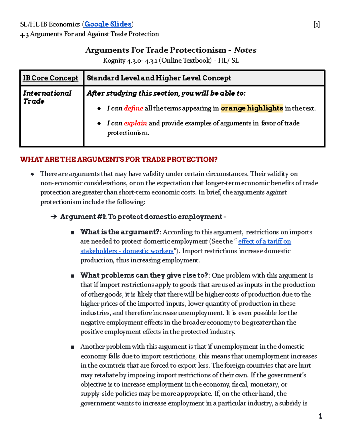 (1b.) Arguments For Trade Protectionism - Notes - SL/HL IB Economics ...