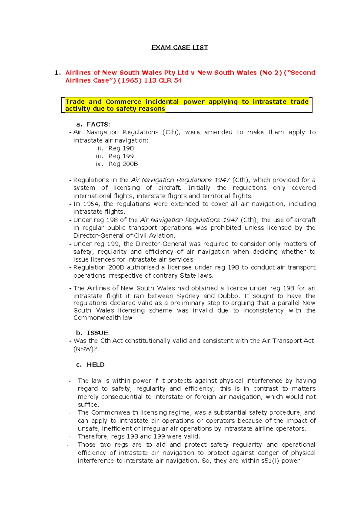 CaseListforExam more cases EXAM CASE LIST 1. Airlines of New South