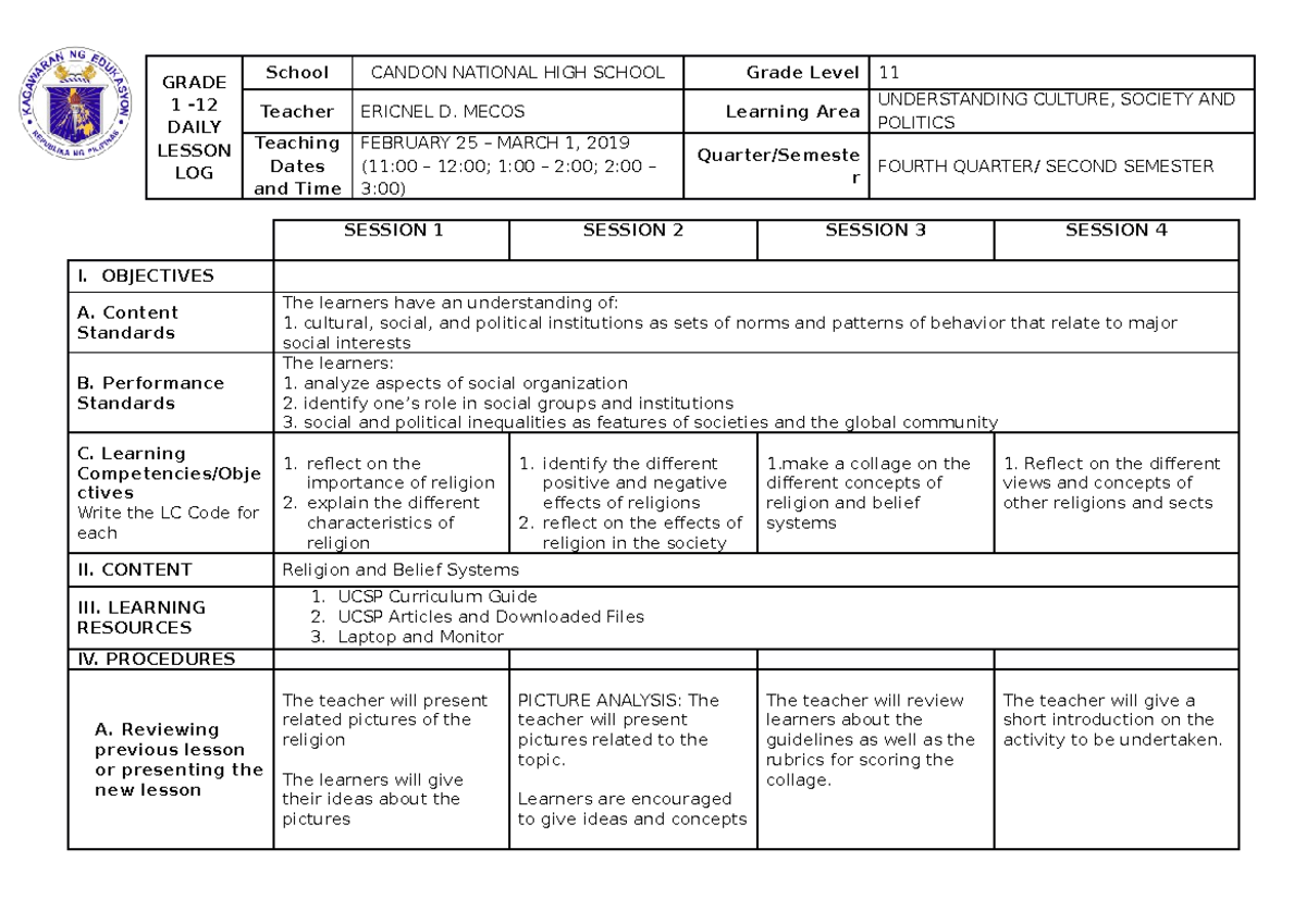 DLL 15TH WEEK Understanding Culture and Social Politics - Education ...