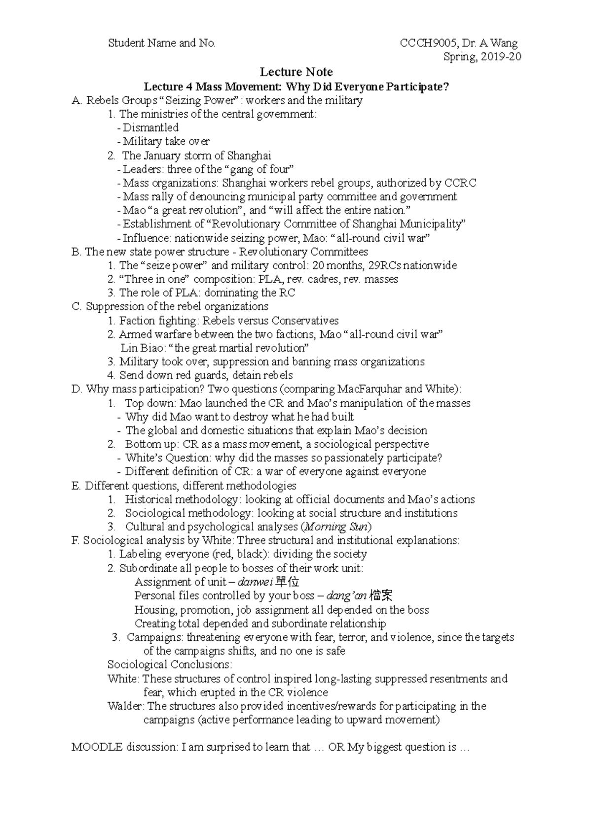 CCCH9005 Lecture 4 Notes Spring 2019-20 Revised - Student Name and No ...