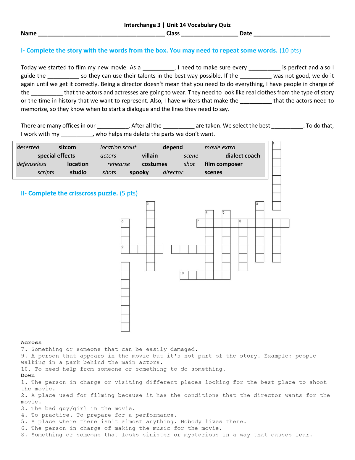 Unit 14 Vocabulary Quiz Int 3 - Interchange 3 | Unit 14 Vocabulary Quiz ...